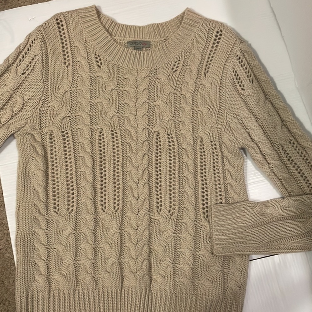 Casting LA Women’s Long Sleeve Cable Sweater Pullover Tan Size Large EUC